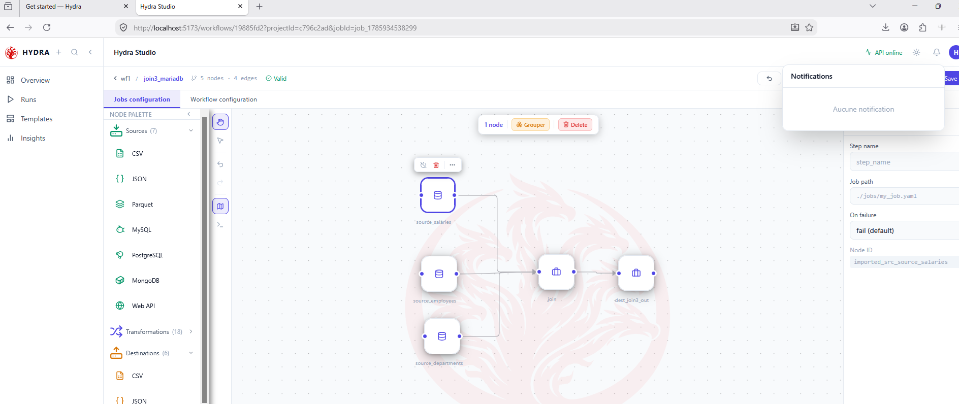 Hydra Studio showing a job with three CSV sources joined and written to one destination
