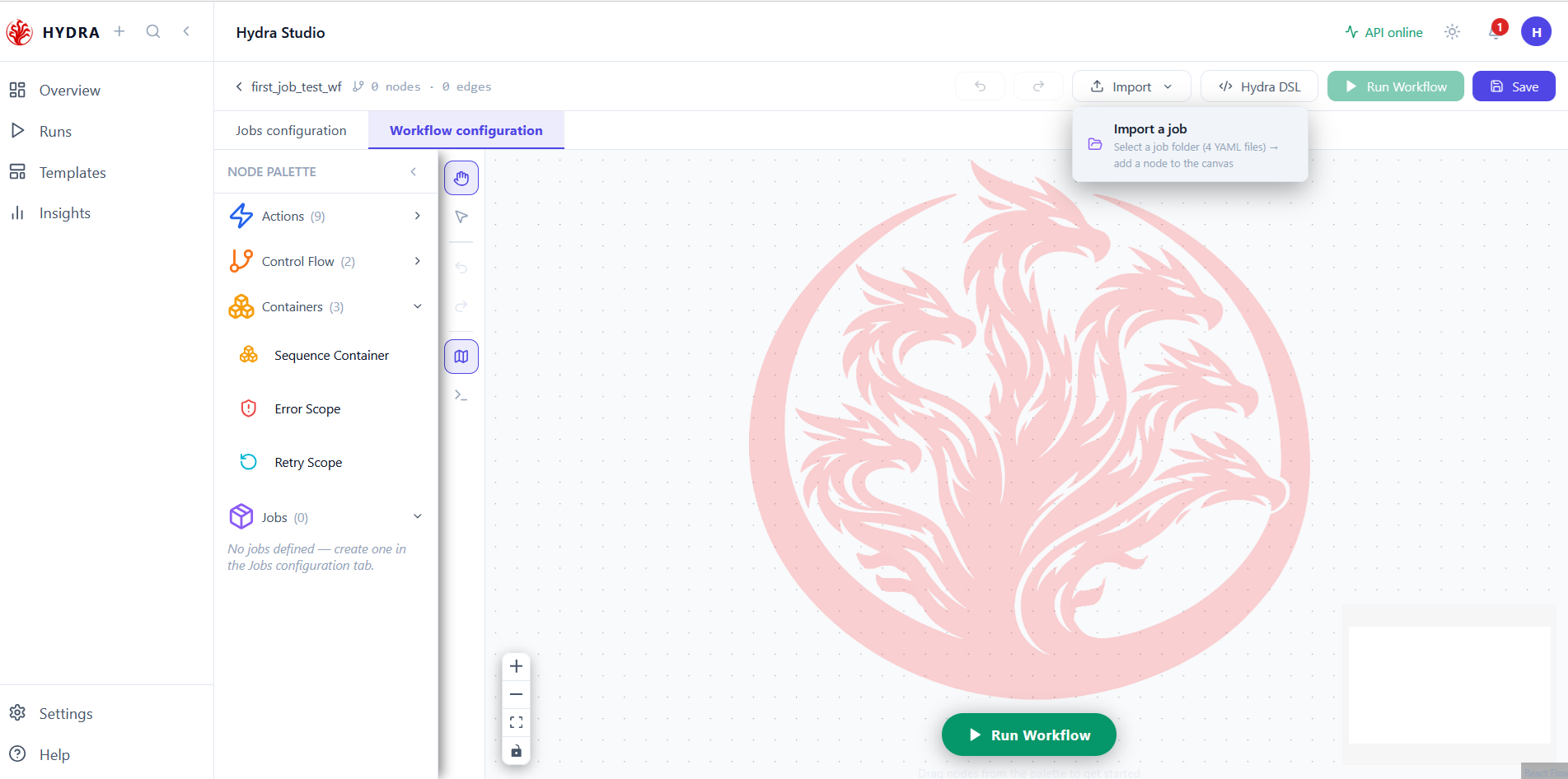 Hydra Studio Workflow configuration with the Import menu open on Import a job