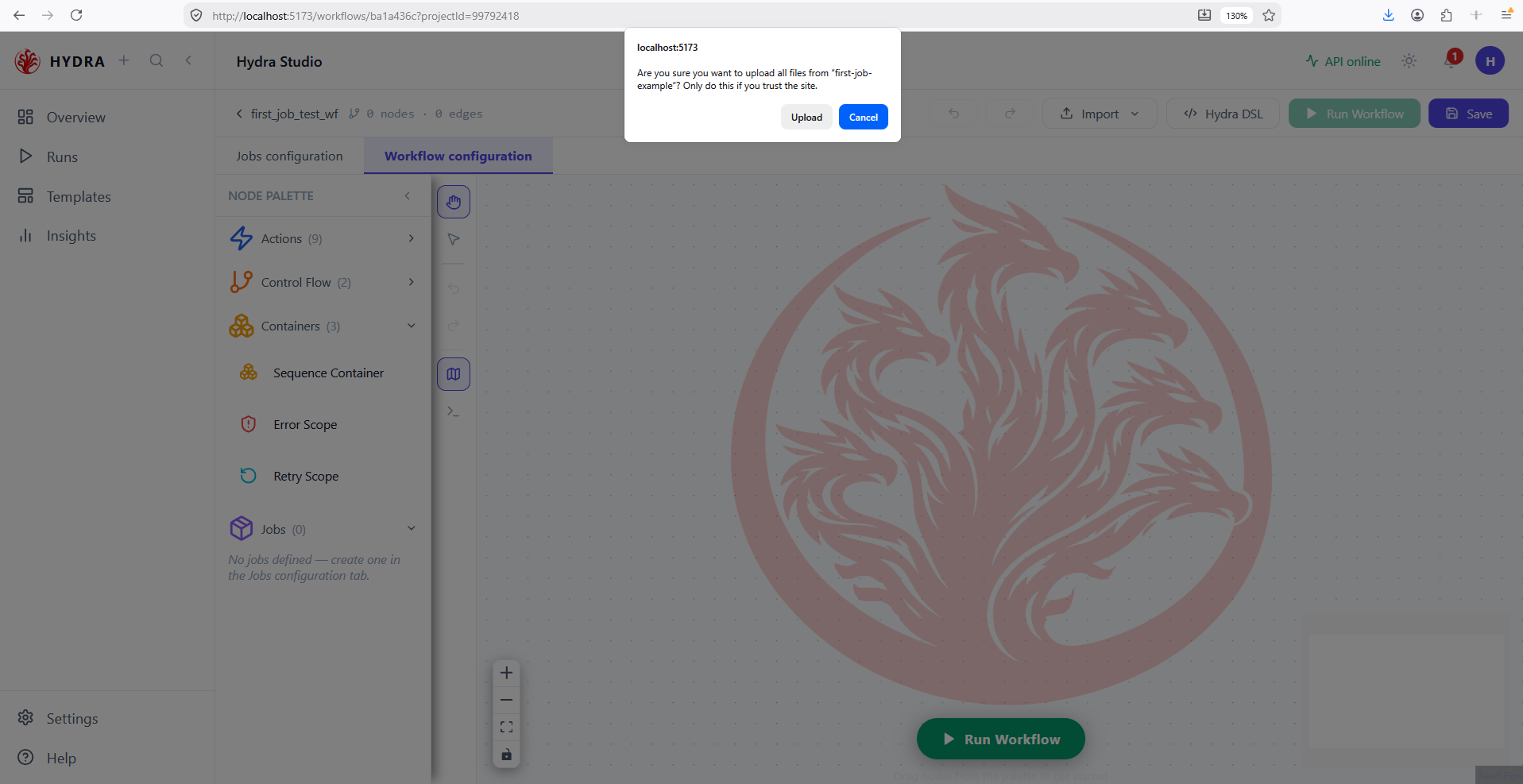 Browser confirmation asking permission to upload every file from the first-job-example folder