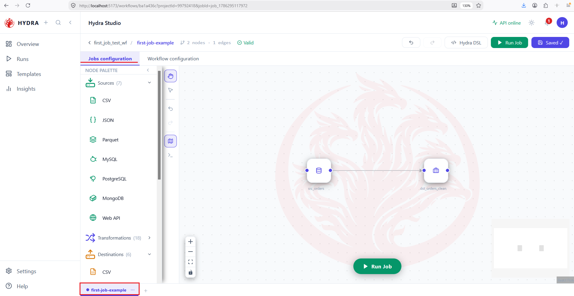 Imported first-job-example open in Jobs configuration with source and destination nodes connected