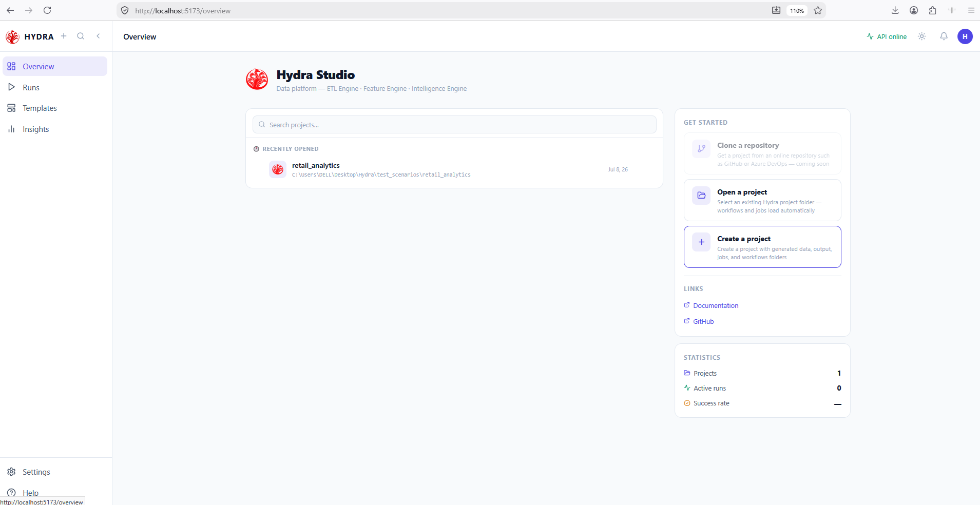 Hydra Studio Overview page, with the project search field, the Get started card listing three actions, and the Statistics panel.