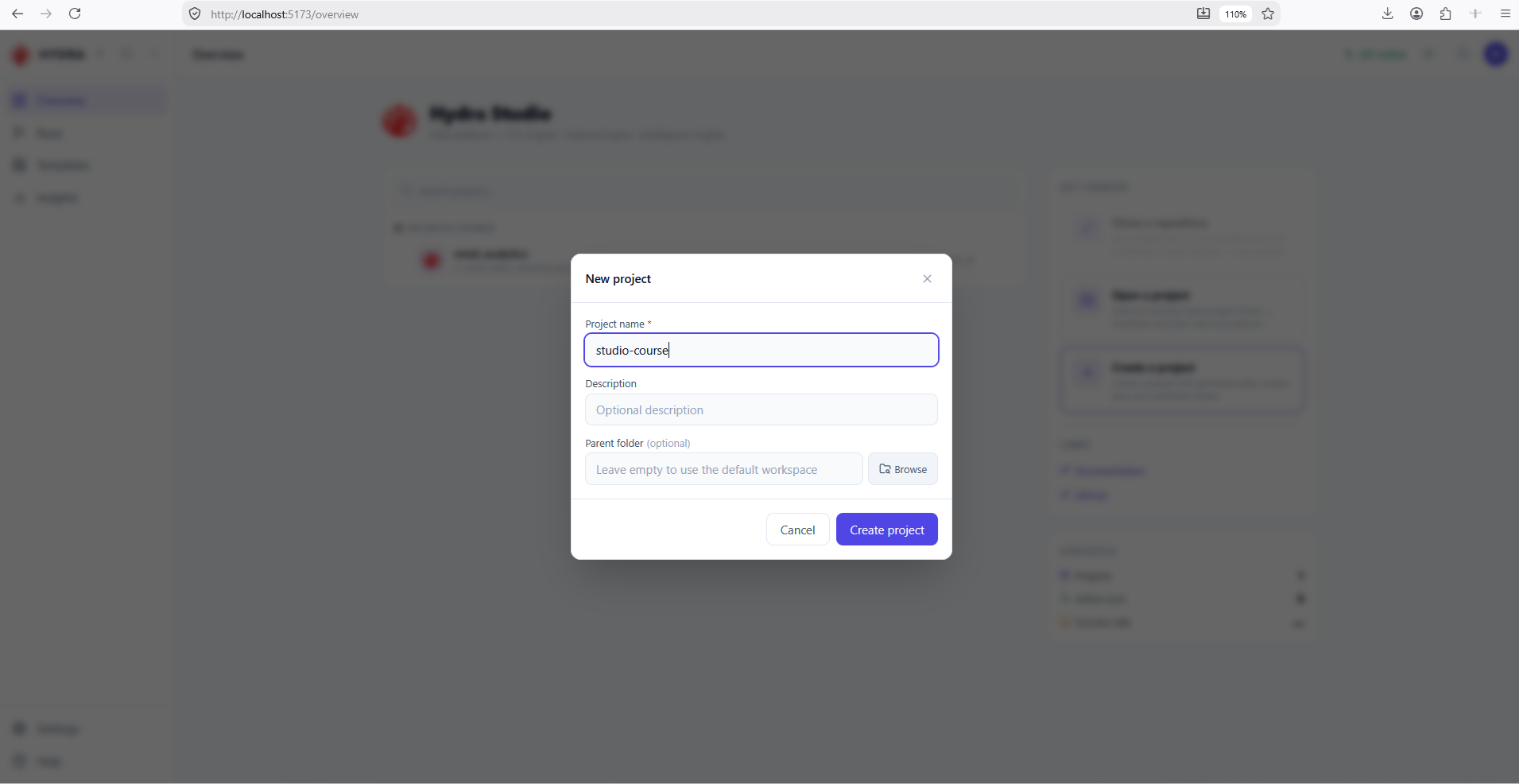 The New project dialog with studio-course typed in the Project name field, an empty description, an empty parent folder and the Create project button.