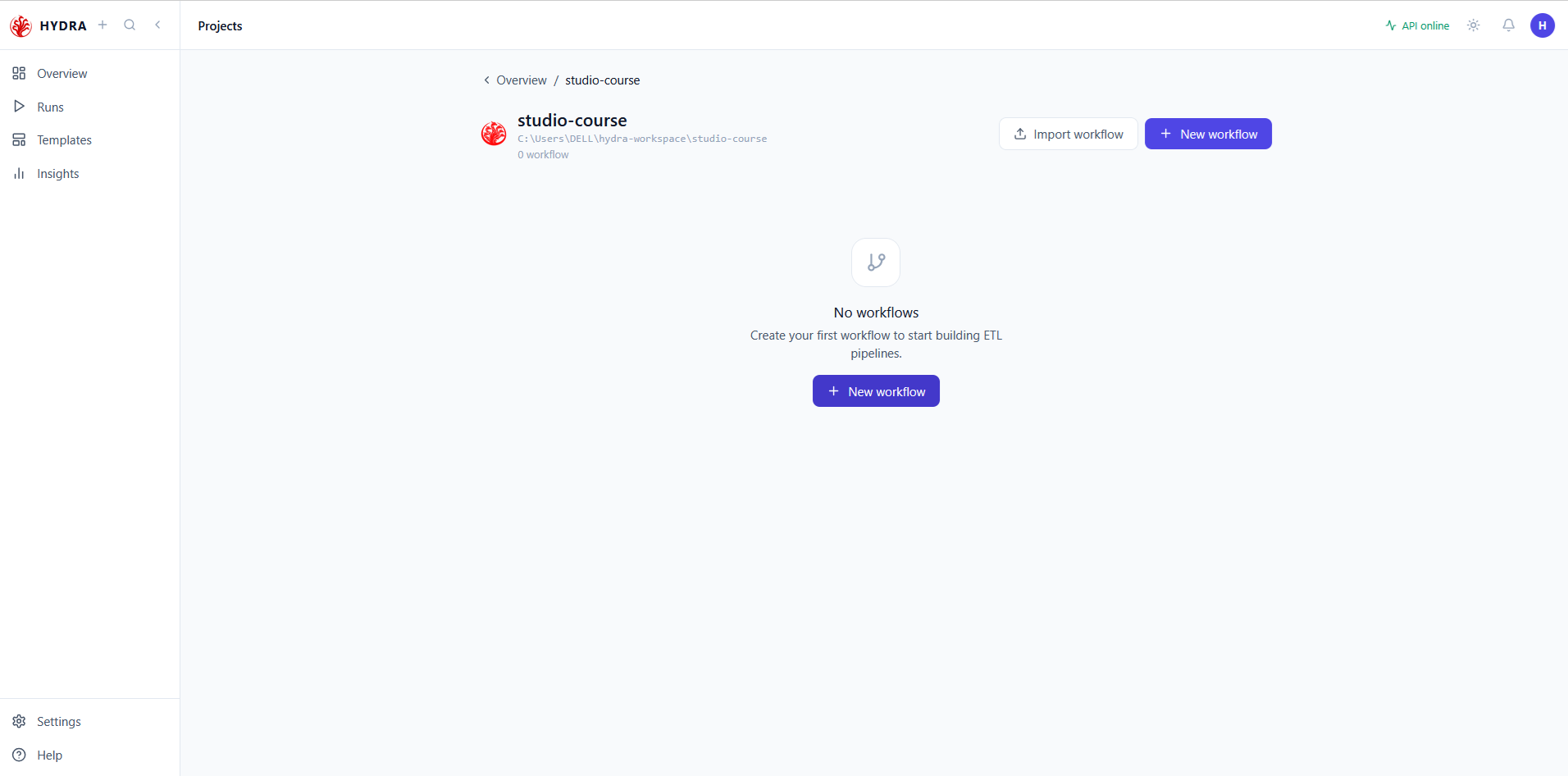 The studio-course project page showing zero workflows, the empty-state message and the New workflow button repeated in the header and in the centre.