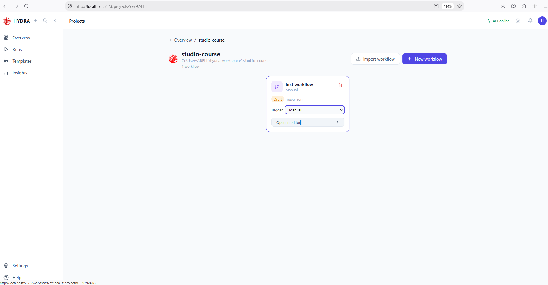 The workflow card with the browser status bar showing the editor URL, which carries both a workflow identifier and a project identifier.