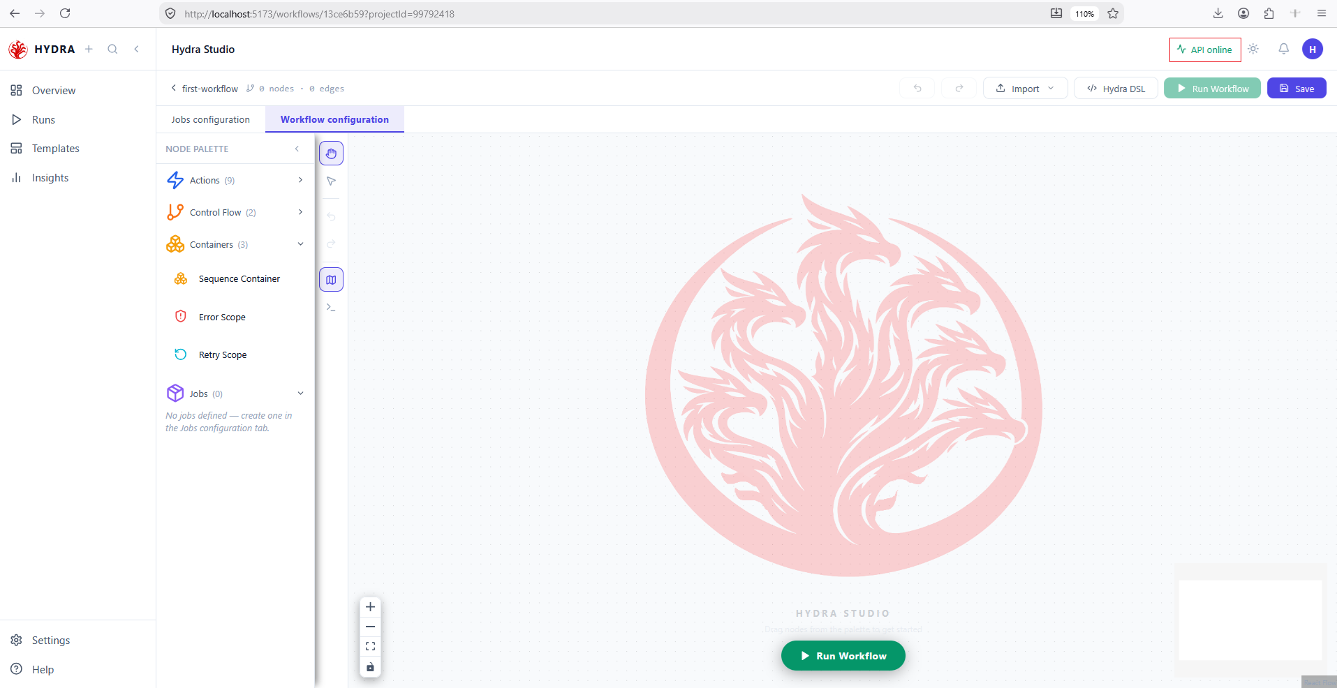 Hydra Studio with the API online indicator in green in the top bar, the workflow editor loaded, its node palette and the Run Workflow button available.