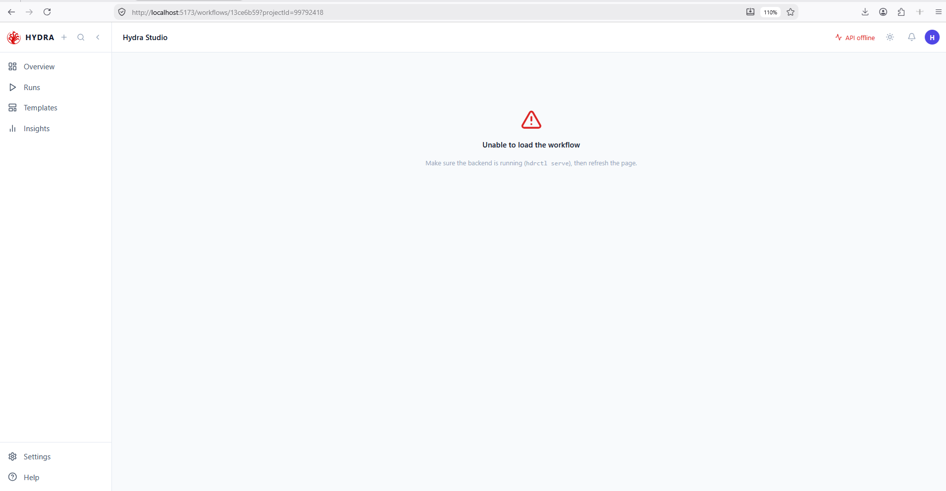 The same URL with the API offline indicator in red, the canvas replaced by an Unable to load the workflow message advising to start the backend.