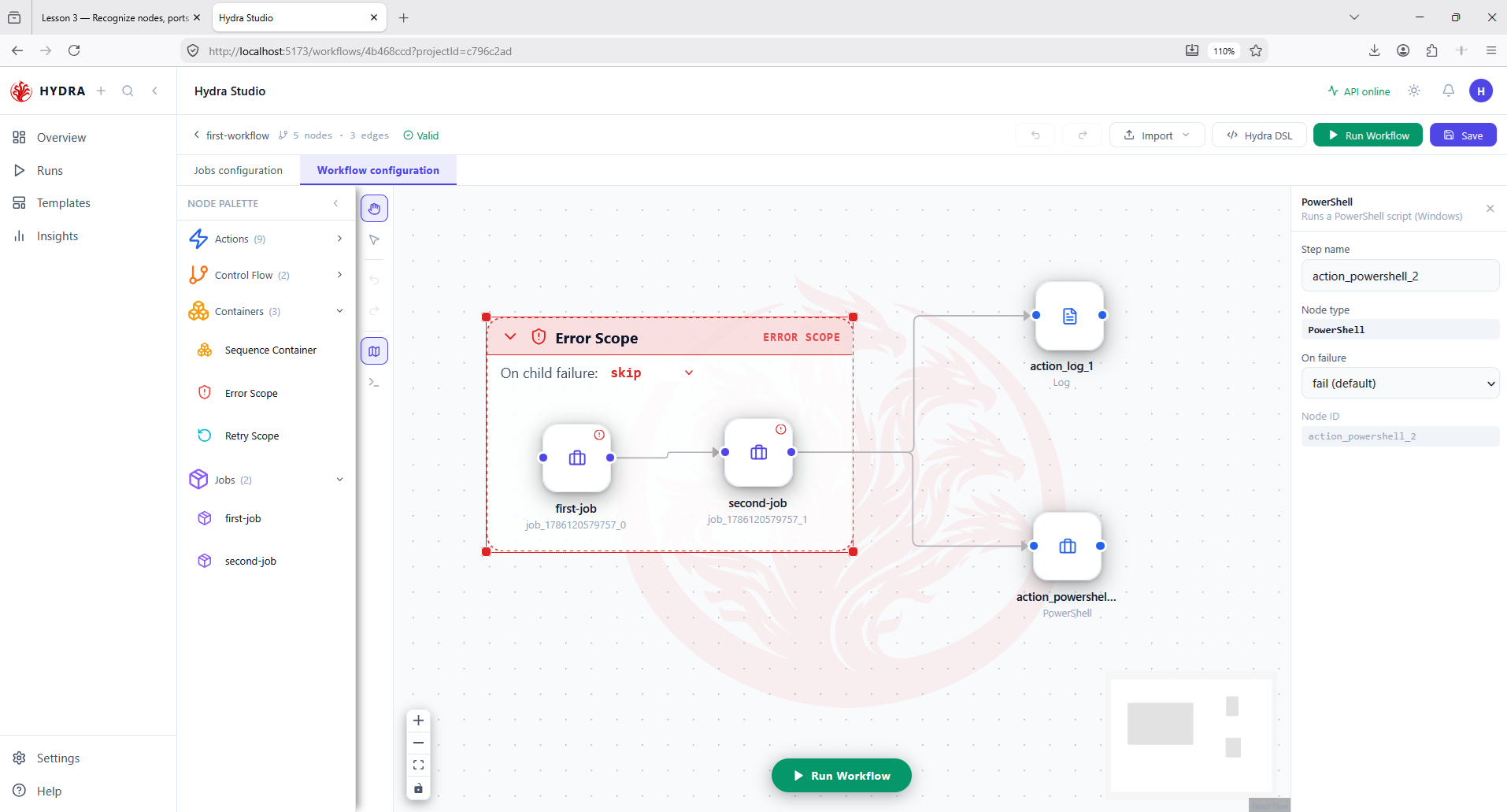 The workflow canvas showing an Error Scope container around first-job and second-job, with a Log action and a PowerShell action to the right, and the inspector panel open on the PowerShell node.