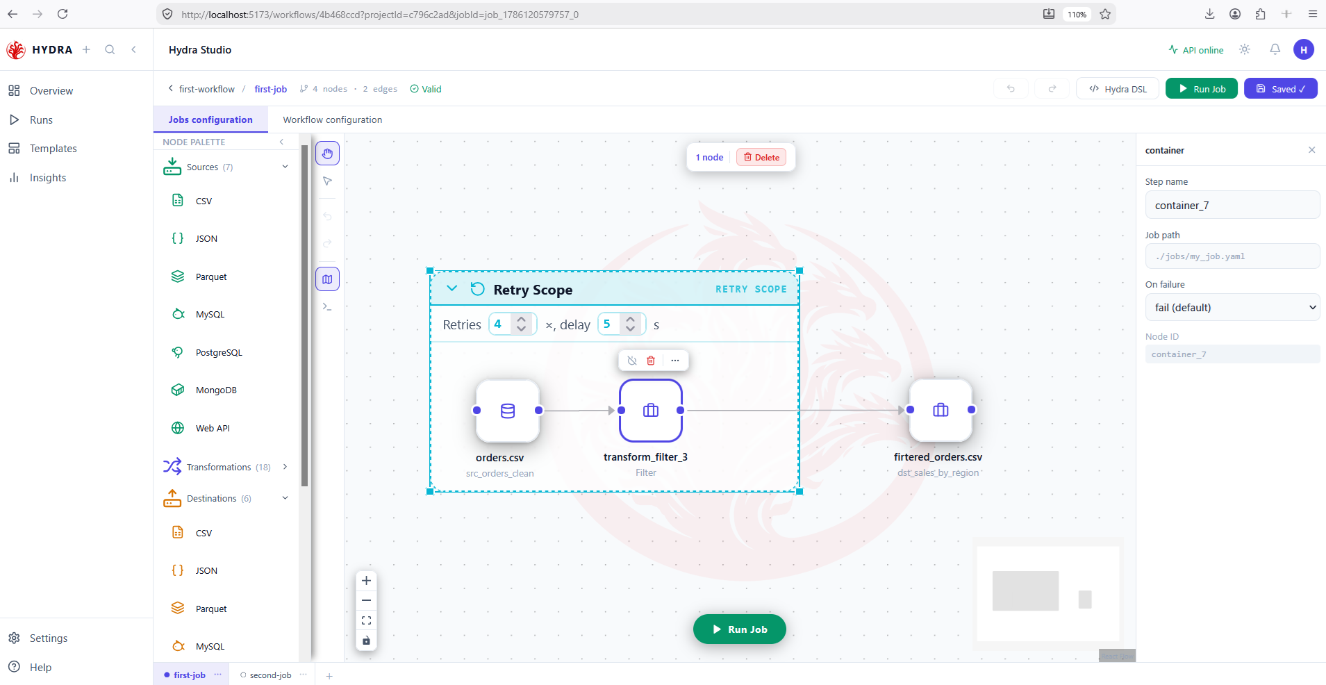 The first-job canvas with a Retry Scope container set to four retries and five seconds delay, holding a CSV source and a Filter transformation, with the CSV destination outside the container.