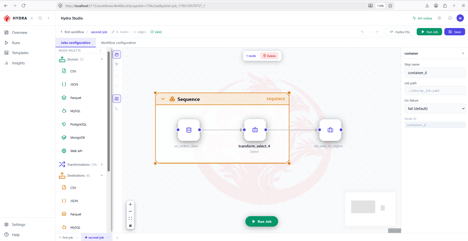 The second-job canvas with an orange Sequence container holding a CSV source, a Select transformation and a CSV destination.