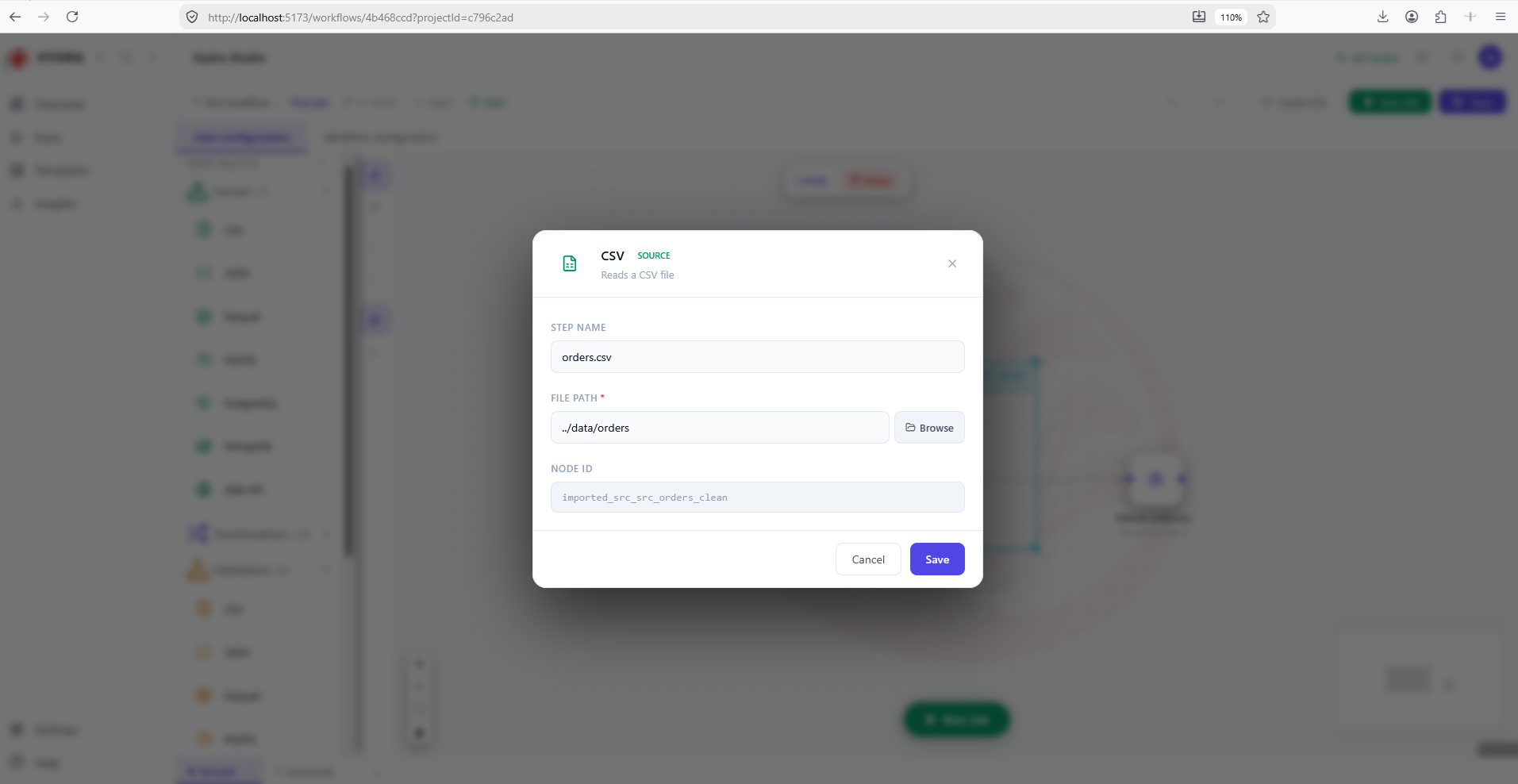 The CSV source dialog, showing a step name, a required file path with a Browse button, and a read-only node identifier.