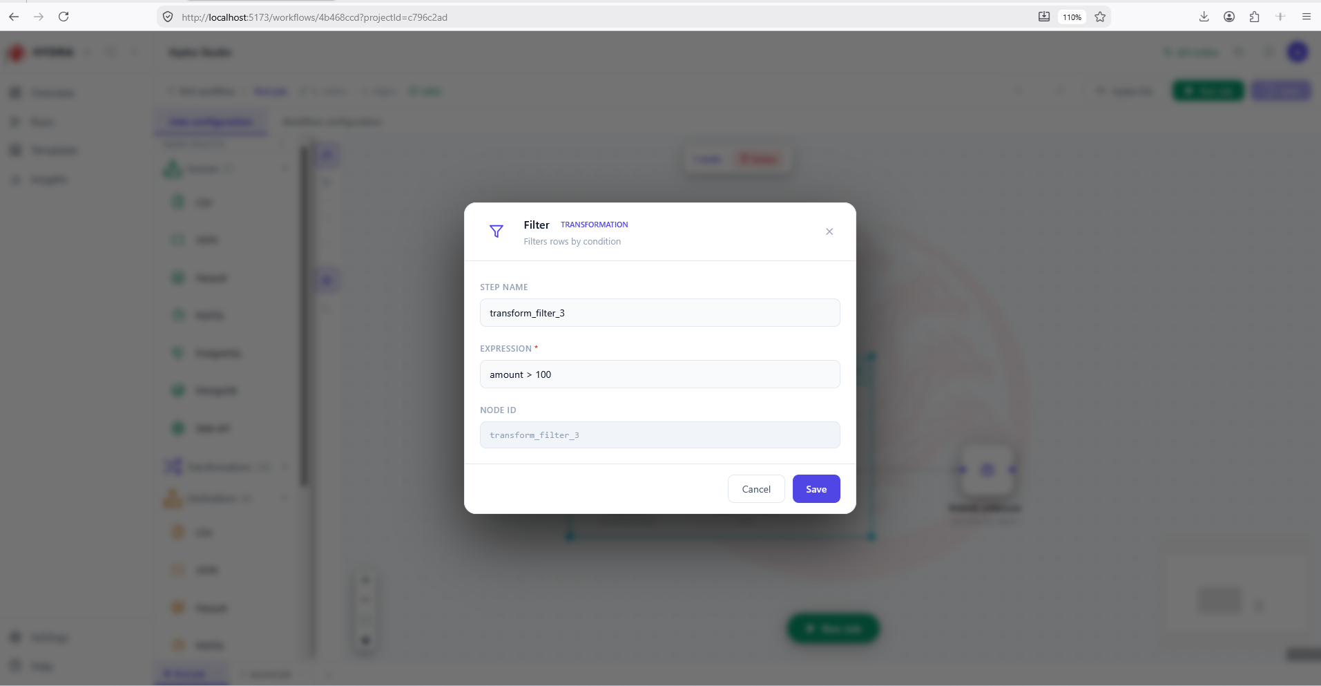 The Filter transformation dialog, with a step name and a required expression field holding amount greater than 100.
