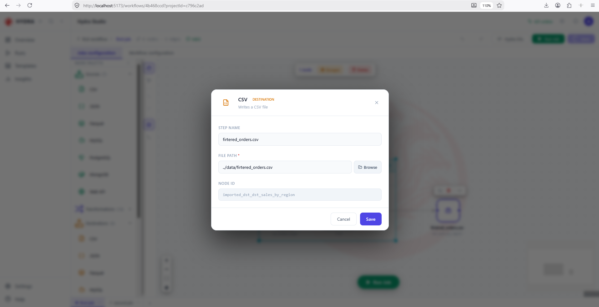 The CSV destination dialog, with a step name and a required output file path.