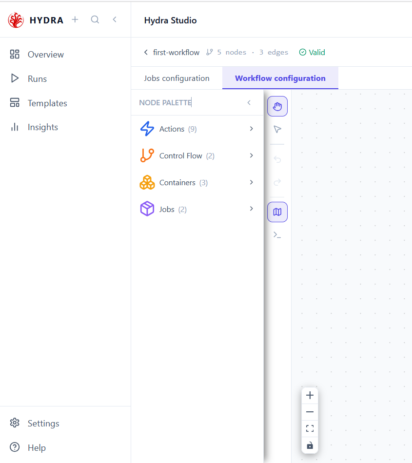 The node palette in the workflow scene, showing four collapsed categories: Actions, Control Flow, Containers and Jobs, each with a count.