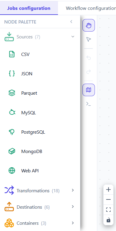 The Sources category expanded, listing CSV, JSON, Parquet, MySQL, PostgreSQL, MongoDB and Web API.