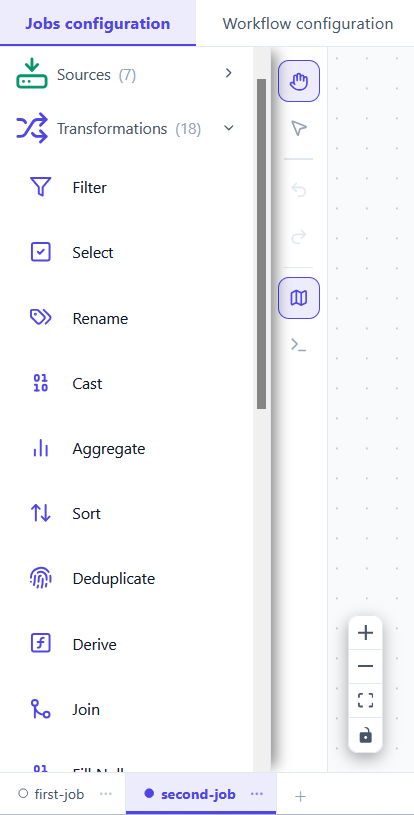 The Transformations category expanded, showing Filter, Select, Rename, Cast, Aggregate, Sort, Deduplicate, Derive and Join.