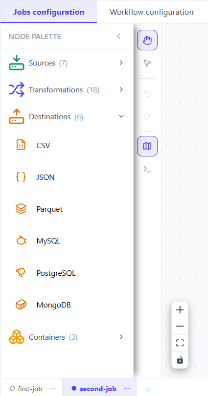 The Destinations category expanded, listing CSV, JSON, Parquet, MySQL, PostgreSQL and MongoDB.