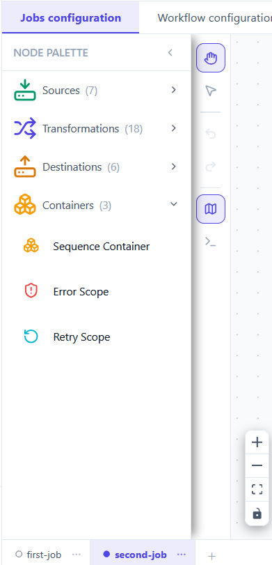 The same three containers offered in the job scene, below Sources, Transformations and Destinations.