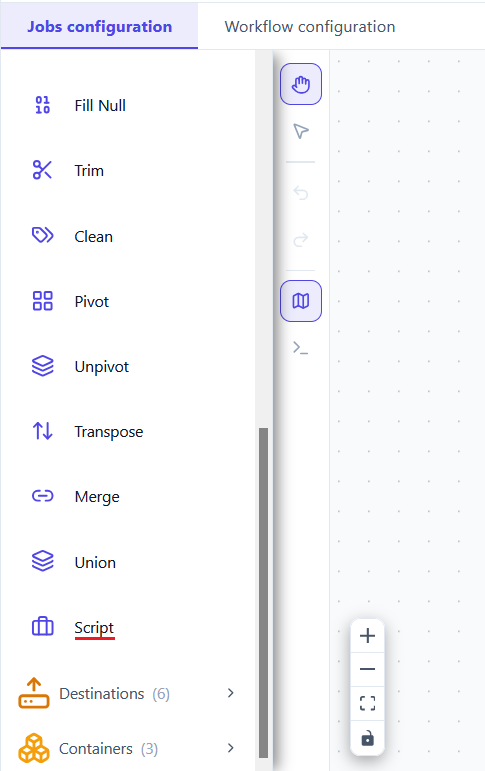 The rest of the transformation list, showing Fill Null, Trim, Clean, Pivot, Unpivot, Transpose, Merge, Union and Script.