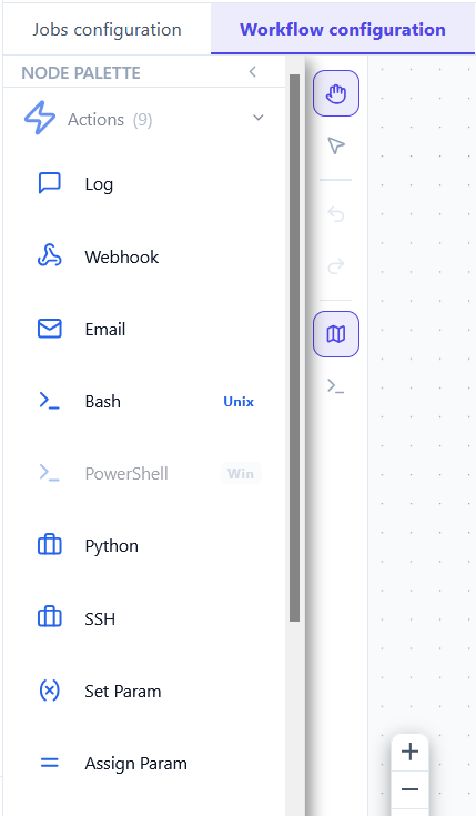 The same Actions list on a Linux host: Bash is active with a blue Unix badge, PowerShell is dimmed with a grey Win badge.
