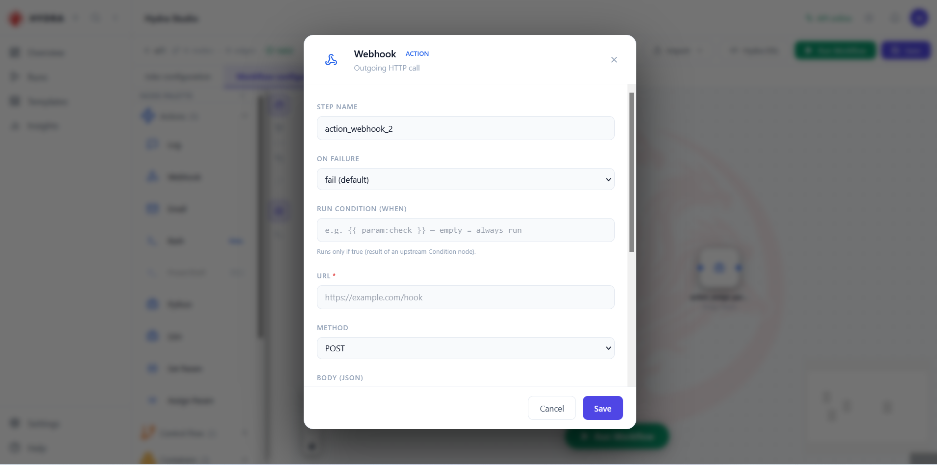 The Webhook action dialog, described as an outgoing HTTP call, with a required URL, a method list set to POST and a JSON body field.
