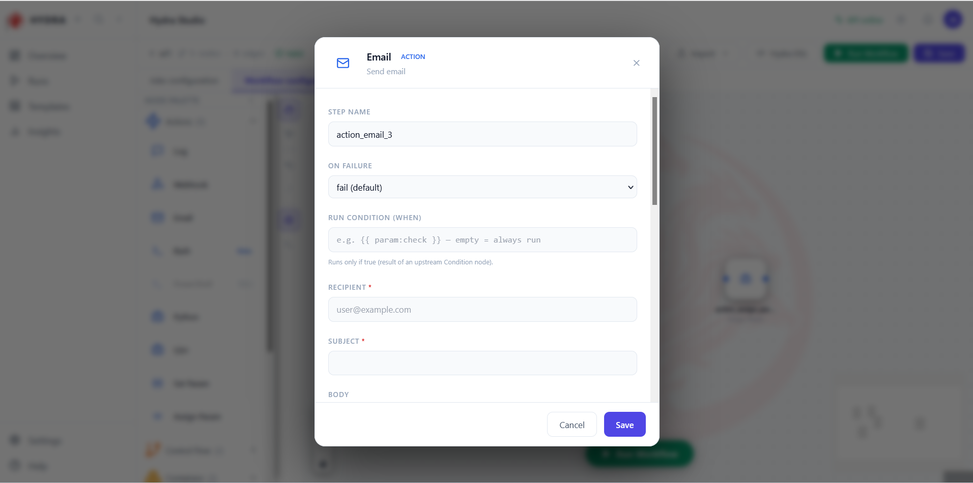 The Email action dialog, with required recipient and subject fields and a body.