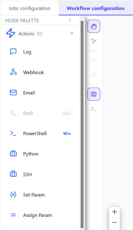 The Actions category expanded, listing Log, Webhook, Email, Bash, PowerShell, Python, SSH, Set Param and Assign Param, with Bash dimmed and carrying a Unix badge while PowerShell carries a Win badge.