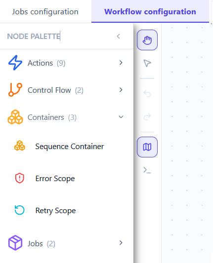 The Containers category expanded in the workflow scene, showing Sequence Container, Error Scope and Retry Scope.