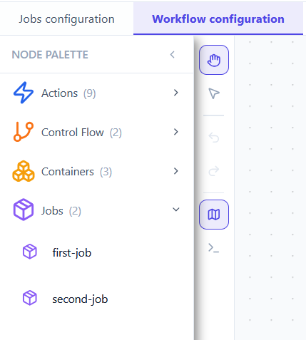 The Jobs category expanded in the workflow palette, listing first-job and second-job.