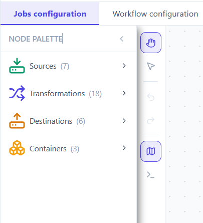 The node palette in the job scene, showing four collapsed categories: Sources, Transformations, Destinations and Containers.