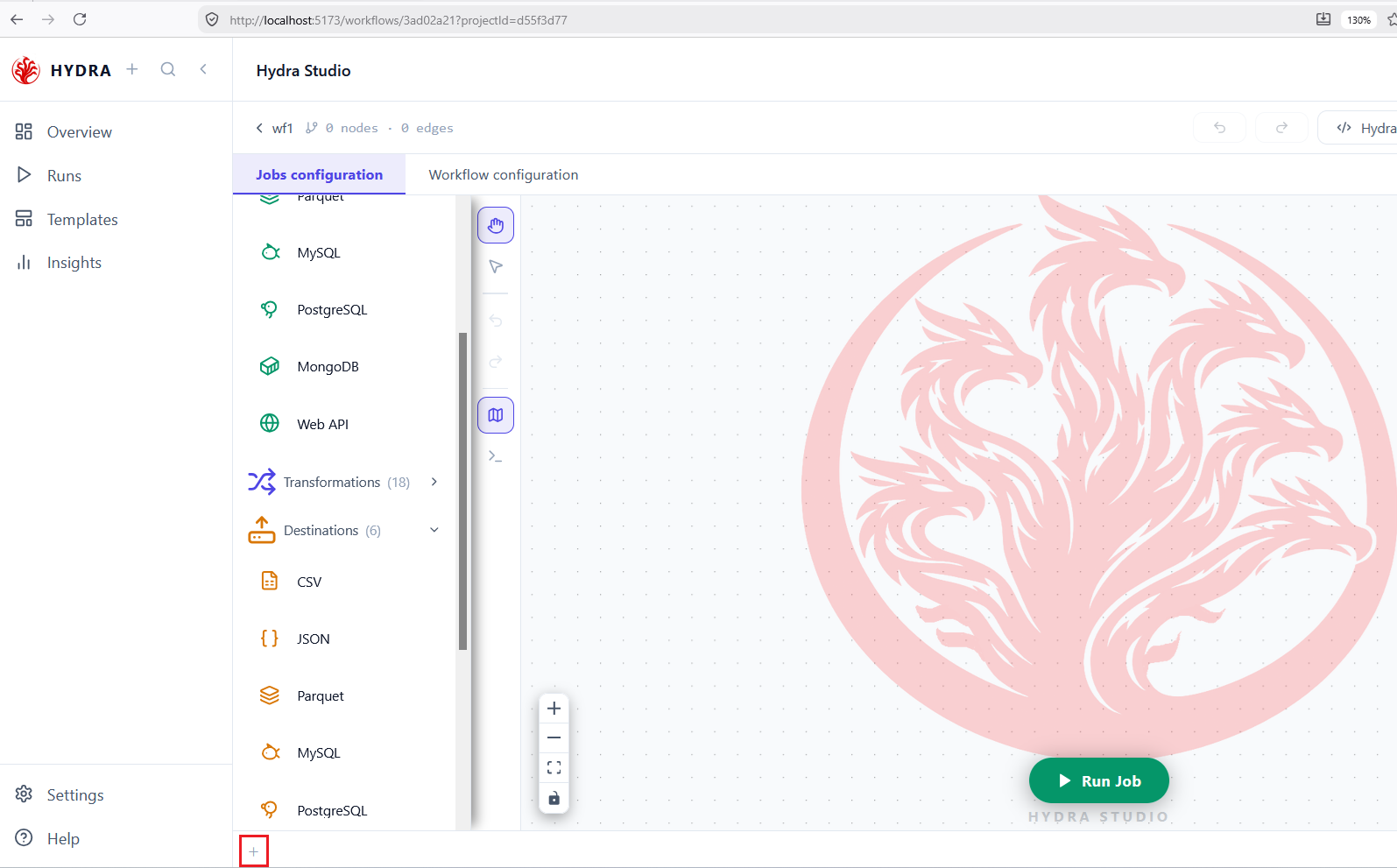 The Jobs configuration scene with the source palette on the left and the plus button highlighted in red at the bottom left of the tab bar.
