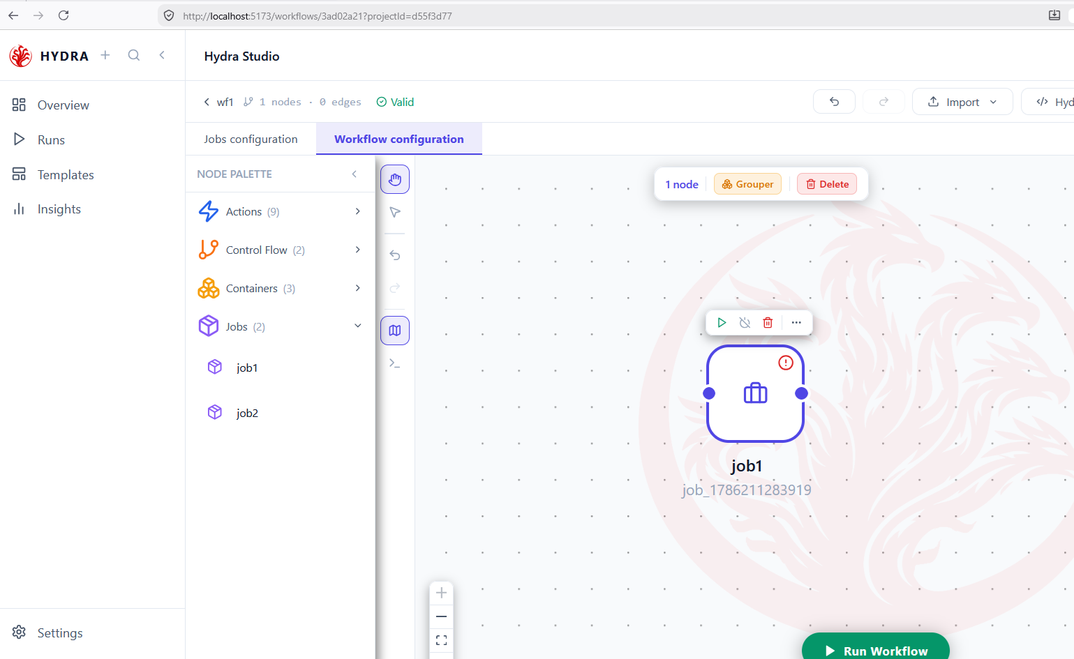 The workflow scene with two jobs listed in the palette under Jobs, and one job node selected on the canvas showing its hover toolbar.