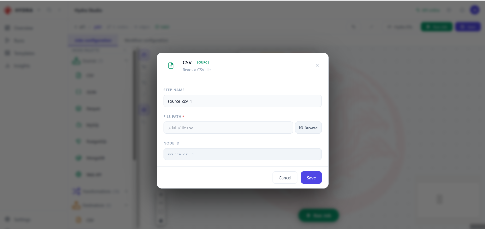 The CSV source dialog, with a step name, a required file path field and a Browse button.