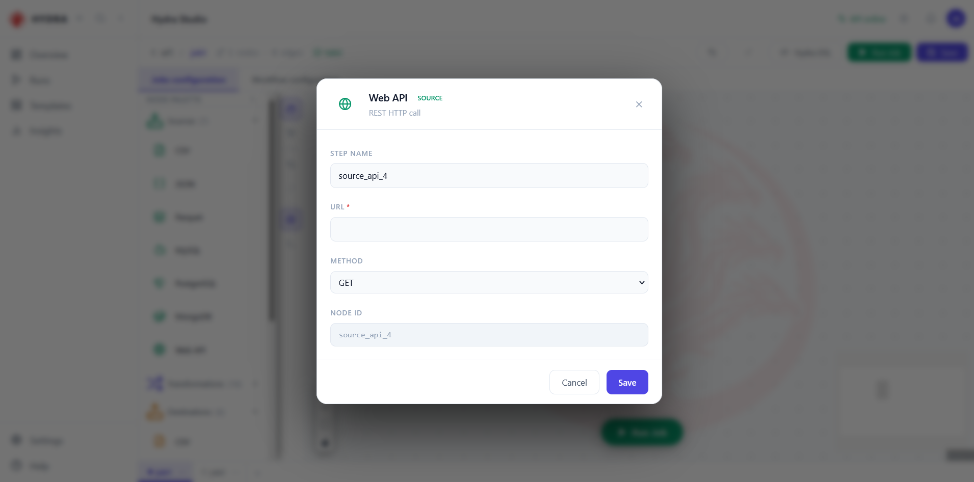 The Web API source dialog, with a required URL field and a method list set to GET.