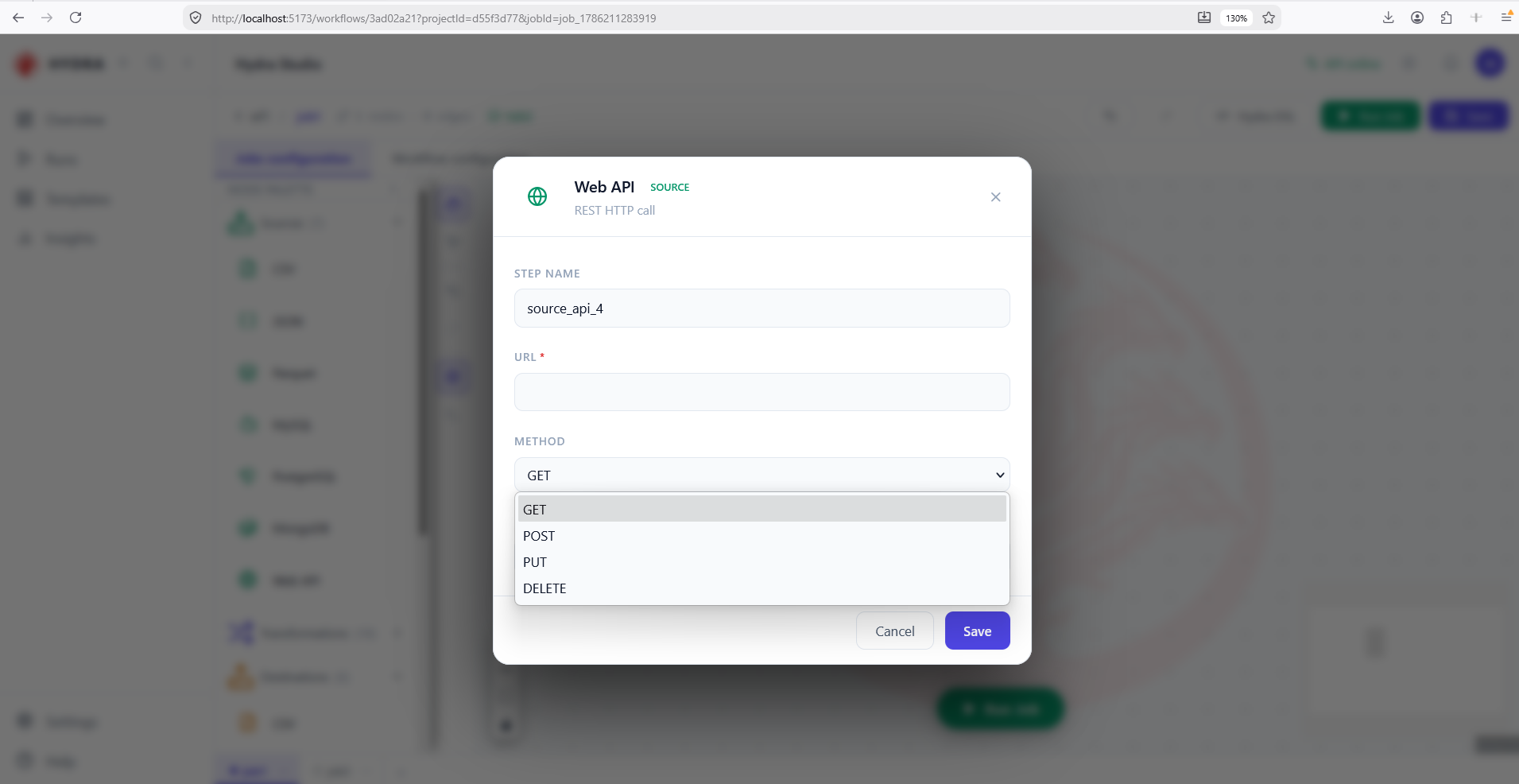 The same dialog with the method list open, showing GET, POST, PUT and DELETE.