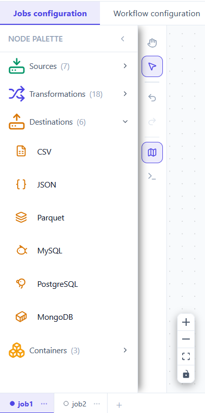 The job palette with Destinations expanded, listing CSV, JSON, Parquet, MySQL, PostgreSQL and MongoDB.