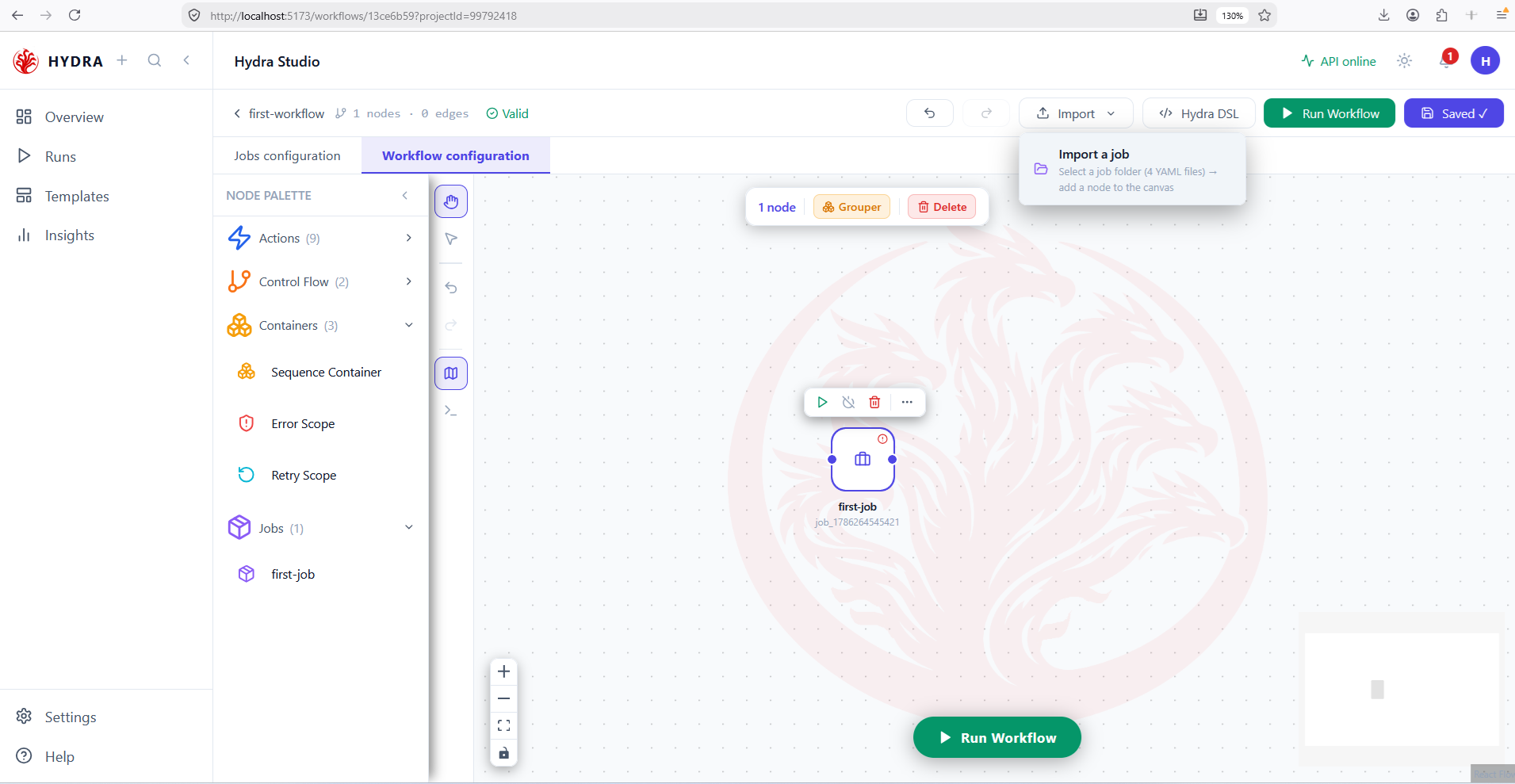 The workflow canvas with the Import menu open, showing the Import a job entry, and an imported first-job node already placed.