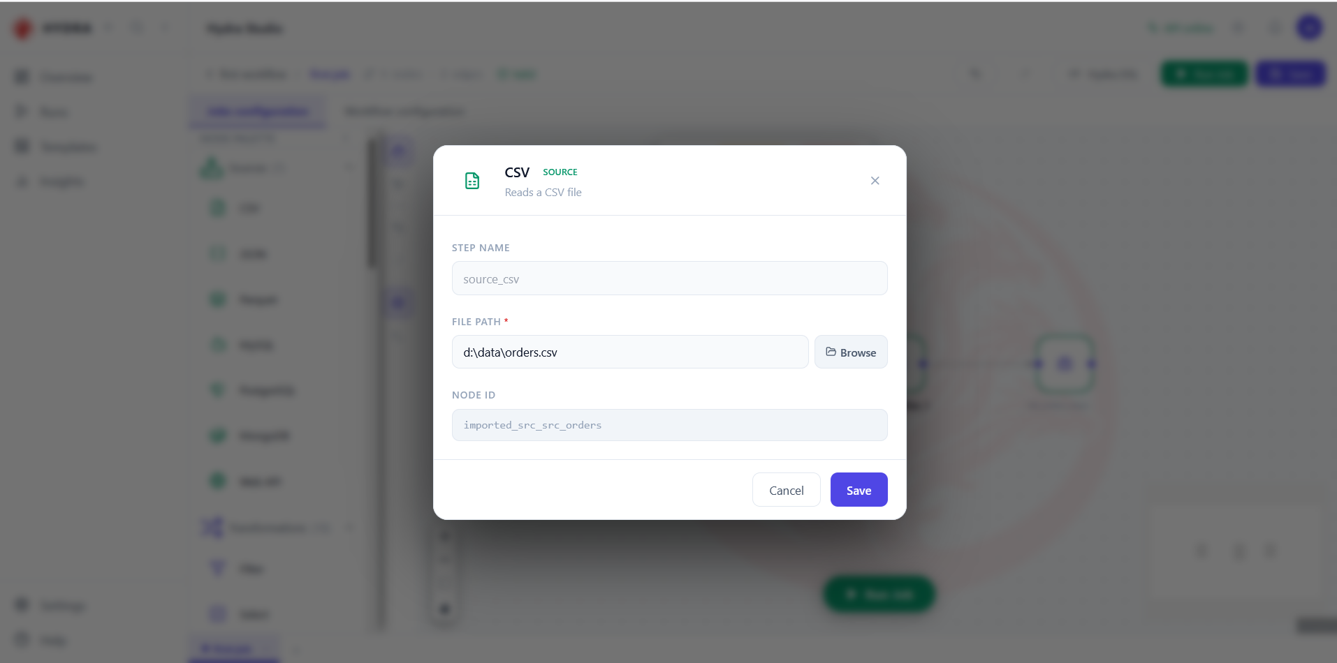 The CSV source dialog with a file path pointing at an orders file.