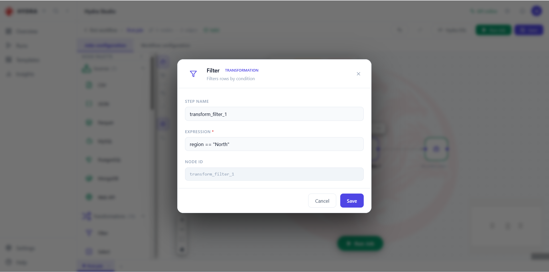 The Filter transformation dialog with the expression region equals North.