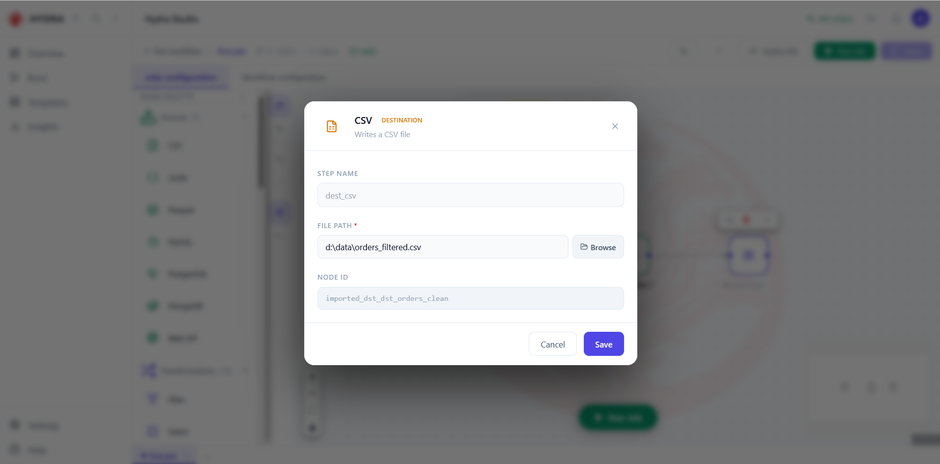 The CSV destination dialog with an output file path for the filtered orders.