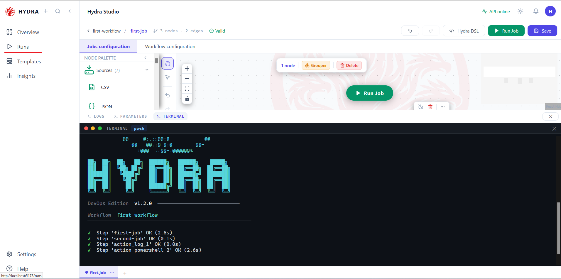 Hydra Studio workflow editor with the Runs entry highlighted in the left sidebar