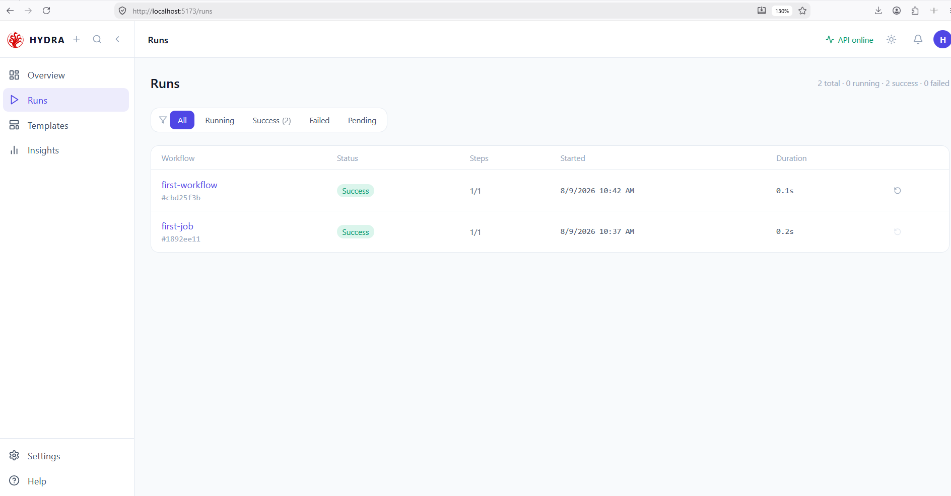 Hydra Studio Runs page listing successful first-workflow and first-job executions