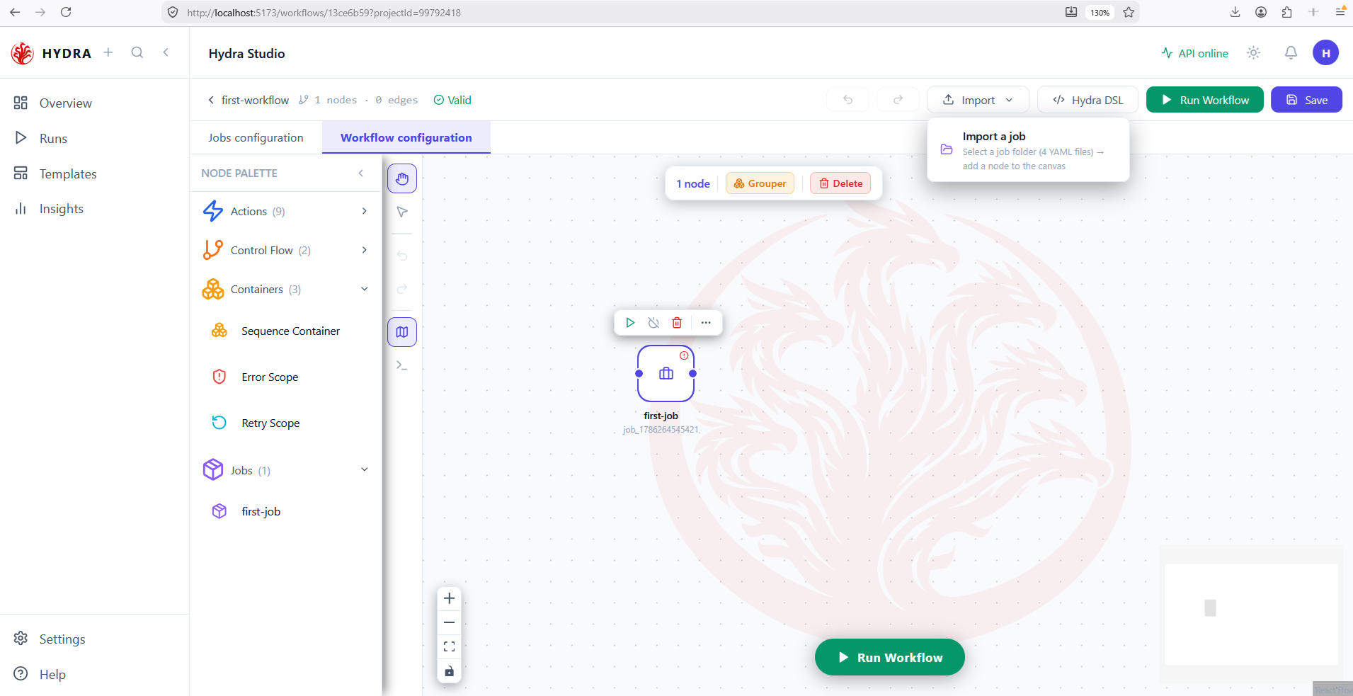 The workflow canvas holding a single first-job node, with the Import menu open on the Import a job entry.