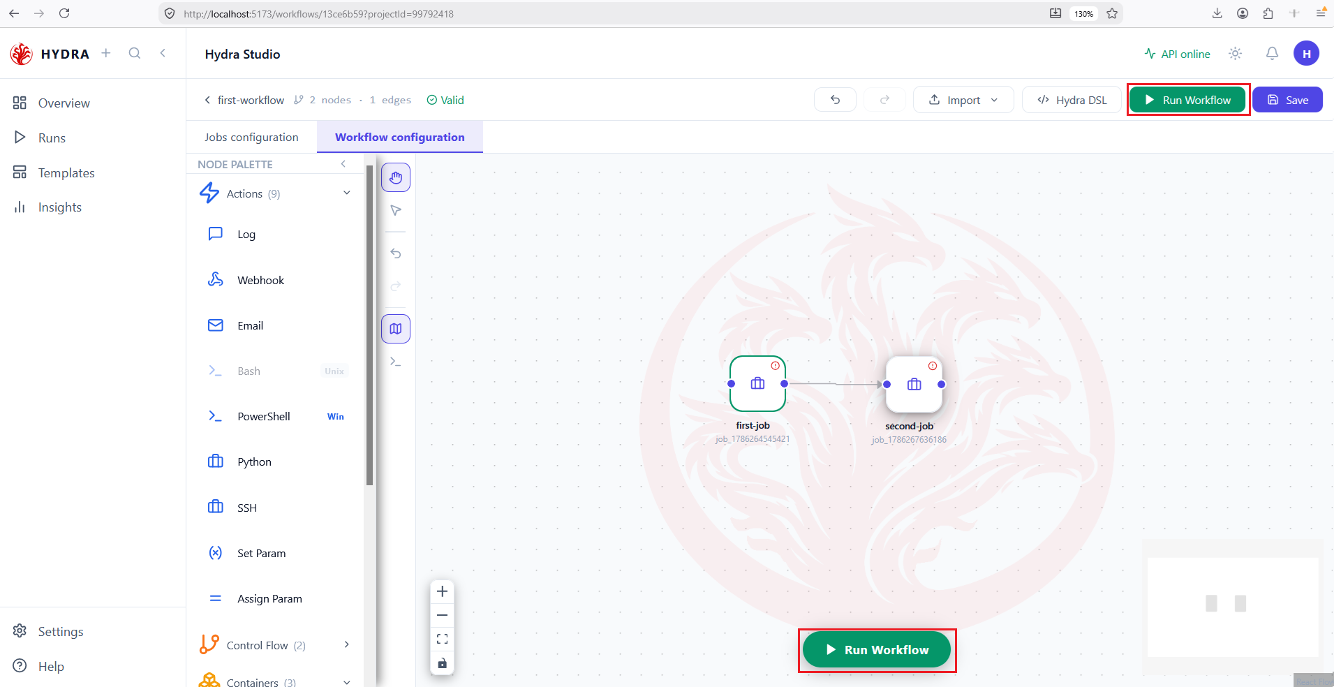The workflow canvas with first-job and second-job connected by a single edge, and both Run Workflow buttons highlighted in red.