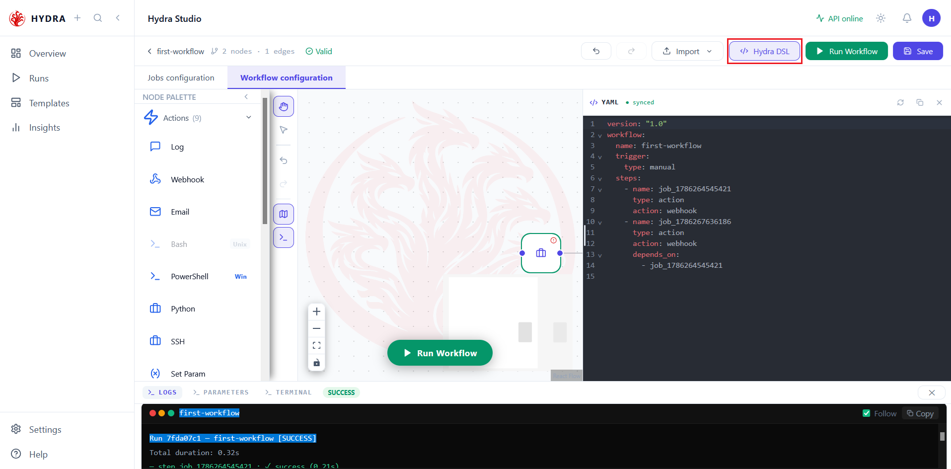 The workflow scene with the Hydra DSL panel open, showing two steps and a depends_on linking the second to the first.
