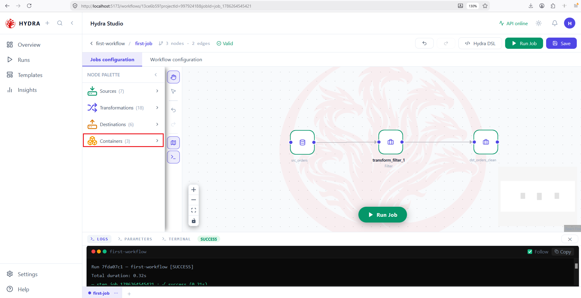 Hydra Studio canvas with the Containers category highlighted in the node palette