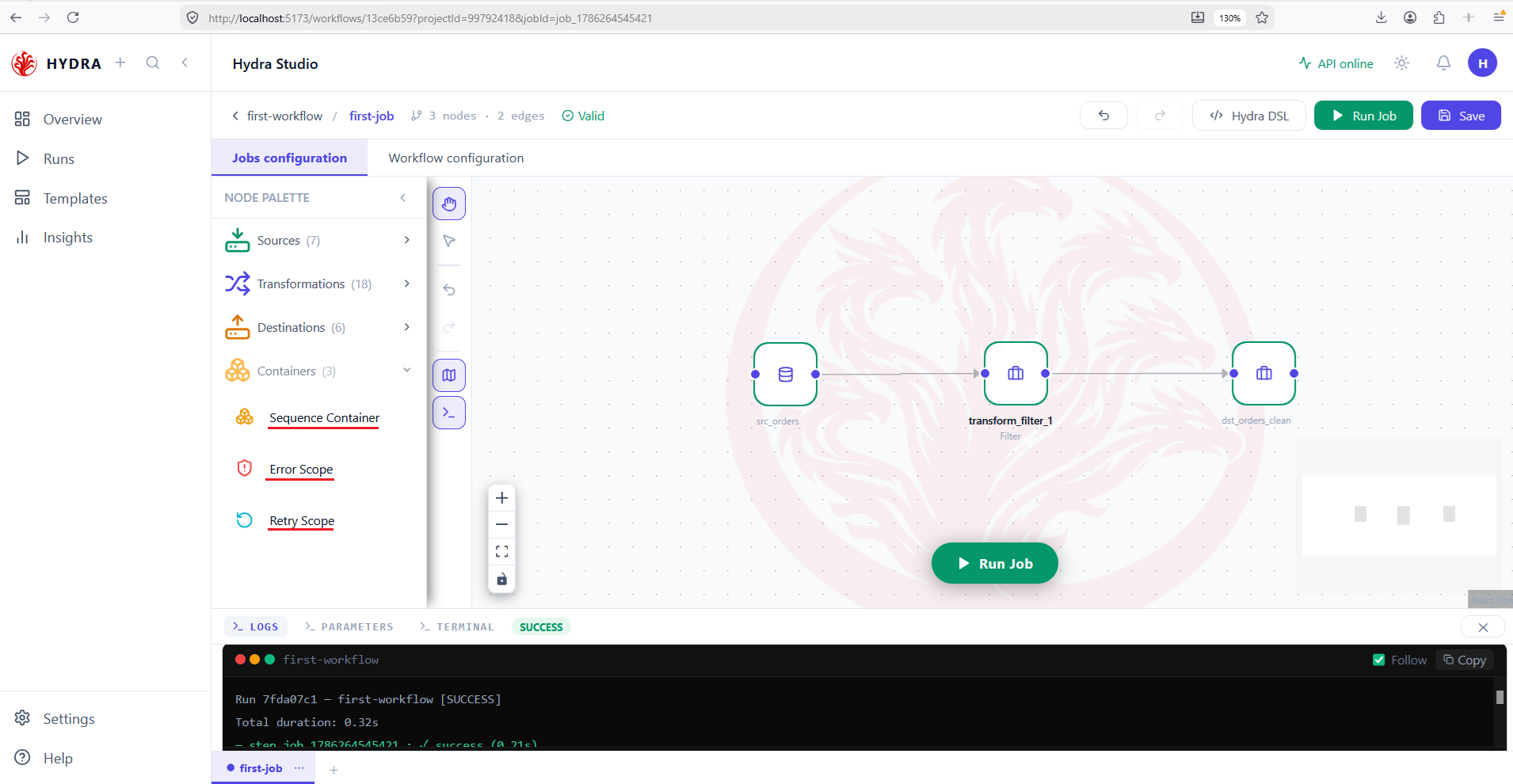 Expanded Containers category showing Sequence Container, Error Scope, and Retry Scope