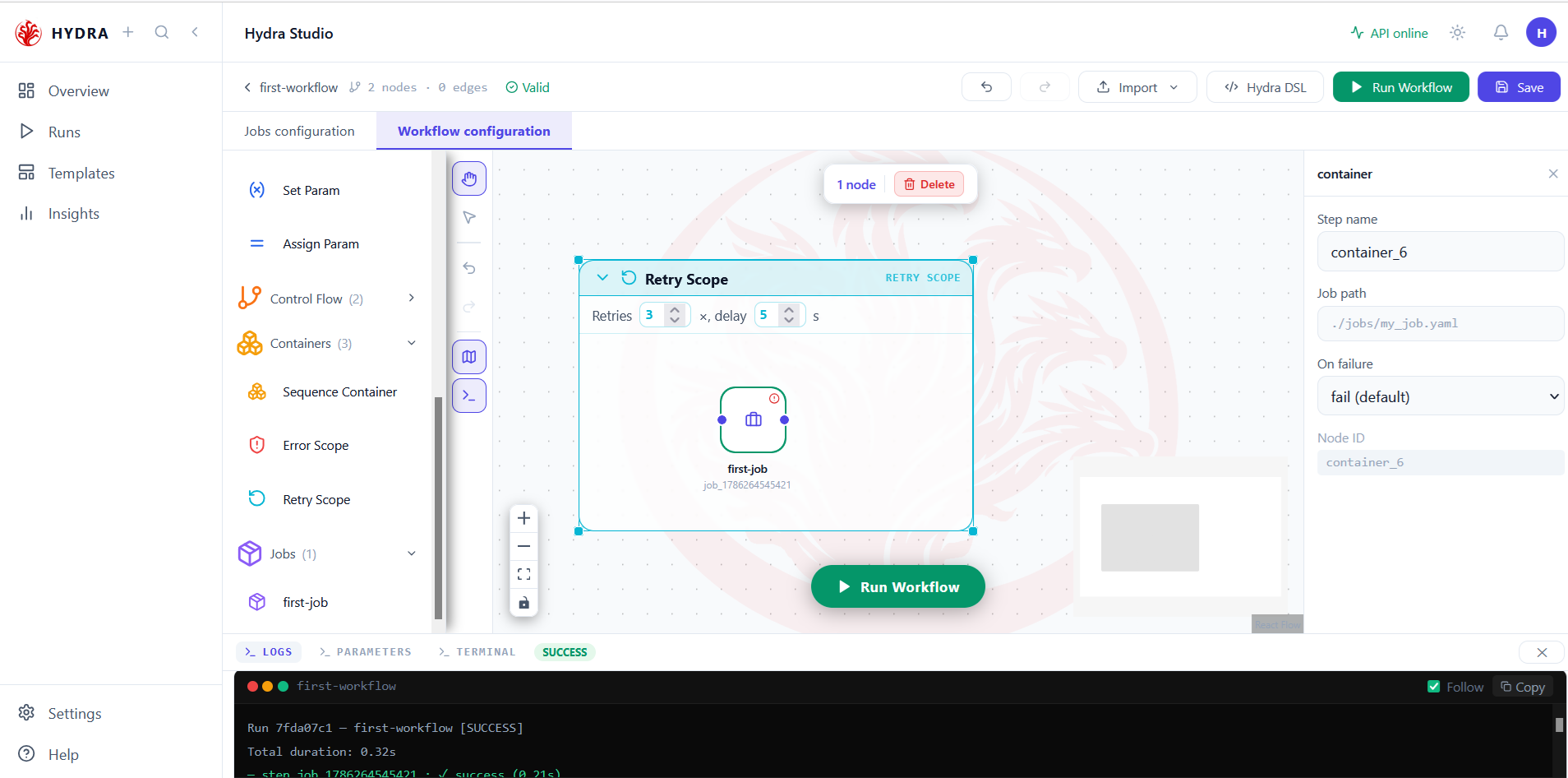 Retry Scope containing first-job and configured for three retries with a five-second delay