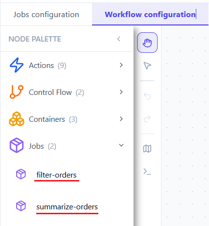 The node palette with the Jobs category expanded, listing filter-orders and summarize-orders.