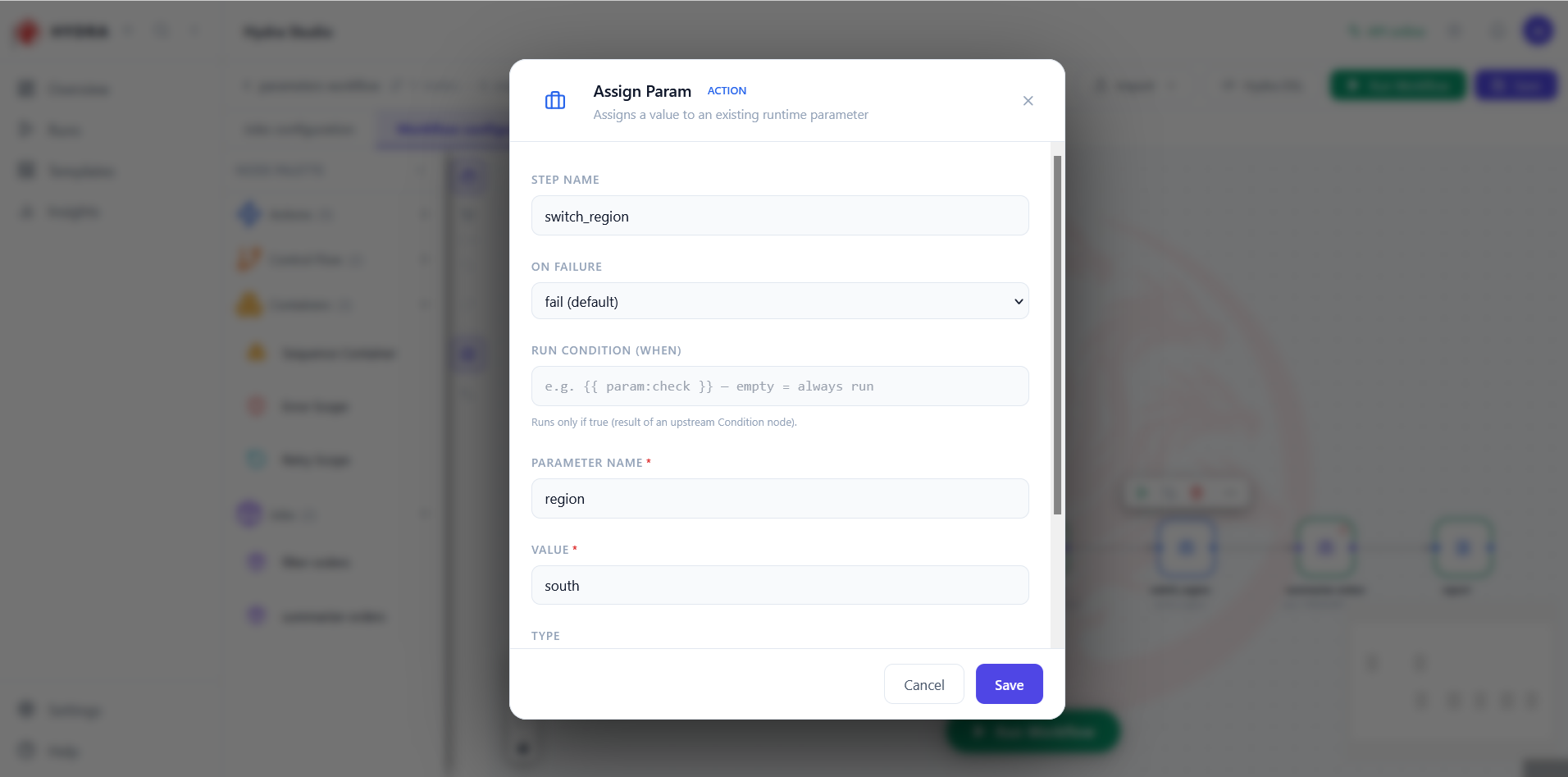 The Assign Param dialog for the step switch_region, changing region to south.