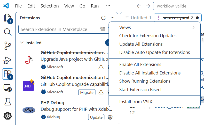 The Extensions panel overflow menu open in VS Code, with the Install from VSIX entry at the bottom of the list.